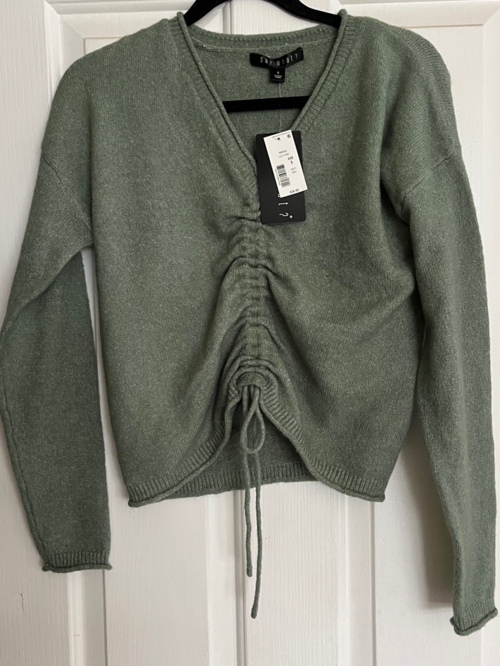Say what? Olive Green Drawstring V-Neck Sweater - Women size small nwt